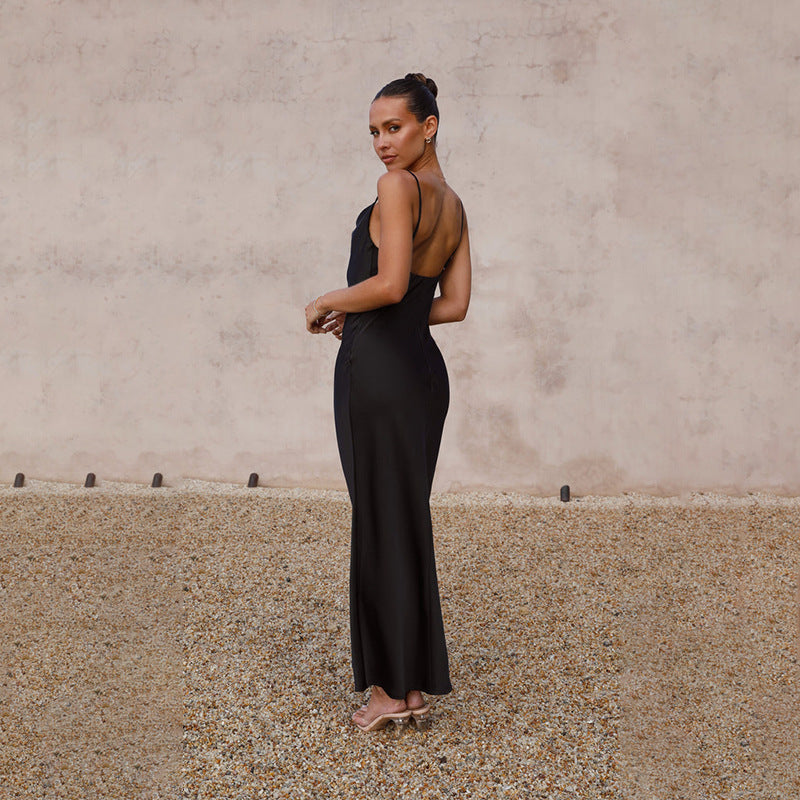 Dames Elegante Satijnen Look Maxi Jurk met Open Rug | Trendy, Luxe en Vrouwelijk | Gosepa