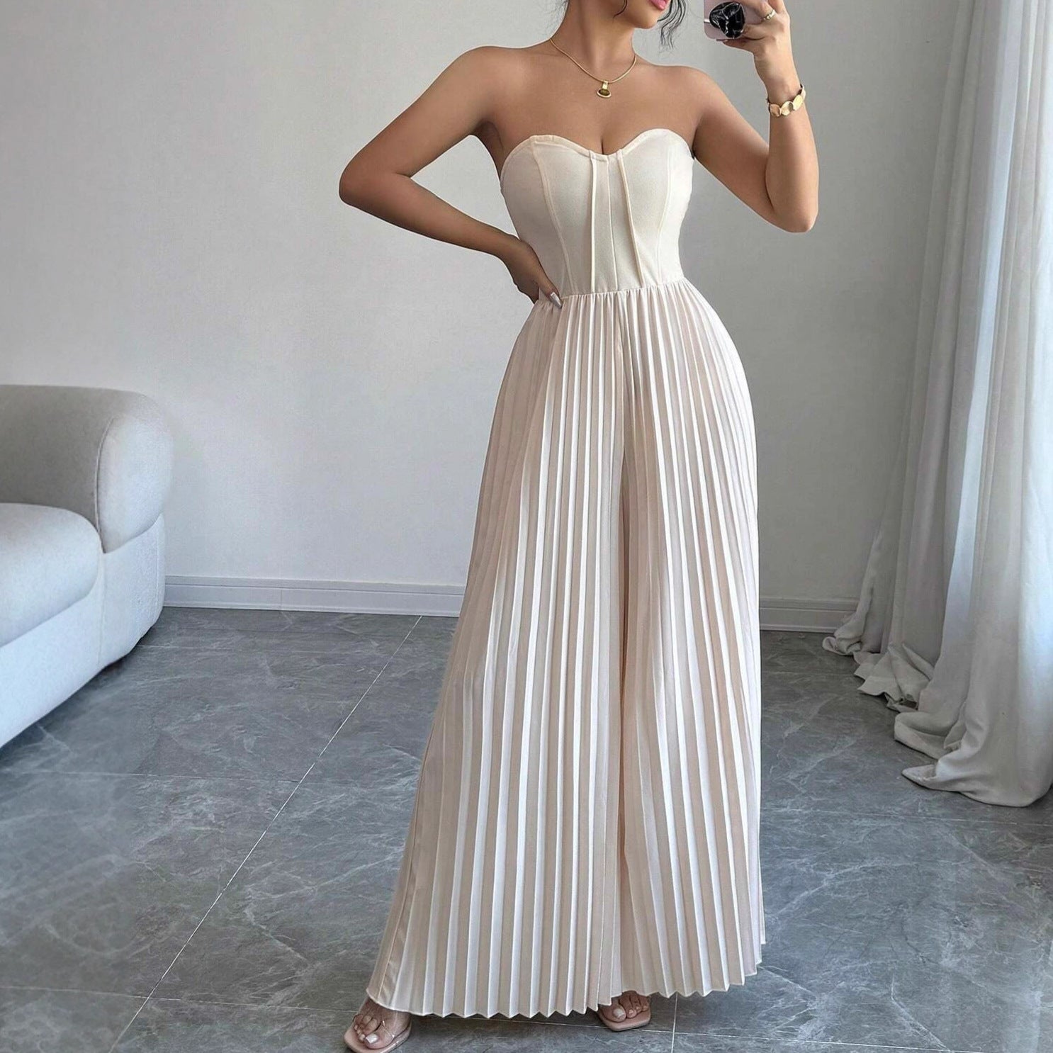 Dames Elegante Plissé Bandeau Jumpsuit met Wijde Pijpen en Korset Detail | Goyce