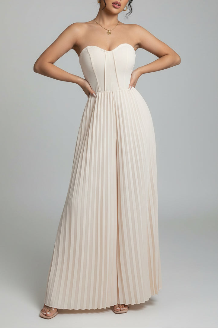 Dames Elegante Plissé Bandeau Jumpsuit met Wijde Pijpen en Korset Detail | Goyce