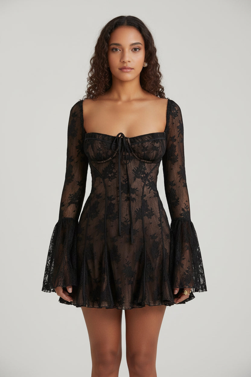 Dames Kanten Mini Jurk met Lange Mouwen en Corset Detail | Luchtig en Zomers | Gracia