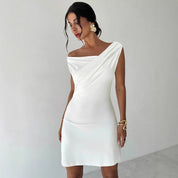Dames Witte Elegante Off-Shoulder Jurk | Luxe Cocktailjurk Met Gedrapeerde Halslijn | Grapey