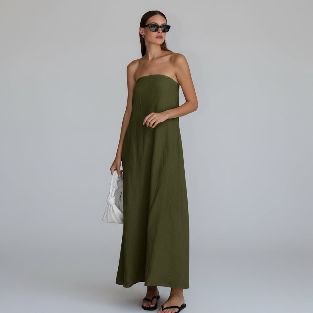 Dames Strapless Linnen Look Maxi Jurk | Minimalistisch, Luchtig & Zomers Elegant | Grazie