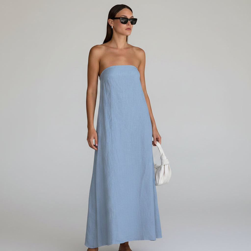 Dames Strapless Linnen Look Maxi Jurk | Minimalistisch, Luchtig & Zomers Elegant | Grazie