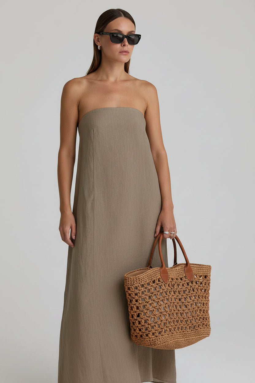 Dames Strapless Linnen Look Maxi Jurk | Minimalistisch, Luchtig & Zomers Elegant | Grazie