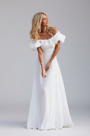 Dames Luchtige Witte Off-Shoulder Maxi Zomer Jurk met Pofmouwen | Greese