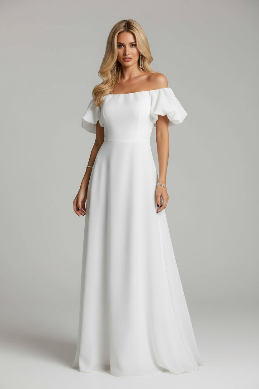 Dames Luchtige Witte Off-Shoulder Maxi Zomer Jurk met Pofmouwen | Greese