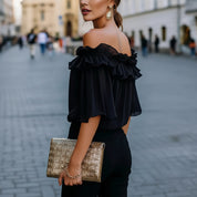 Dames Luchtige Off-Shoulder Blouse | Losvallende Top met Ruches | Grenchen