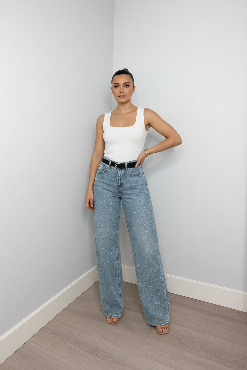 Dames High‑Waist Jeans met Glitter Details | Rechte Pijpen | Guba