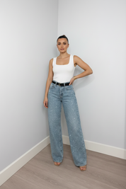Dames High‑Waist Jeans met Glitter Details | Rechte Pijpen | Guba