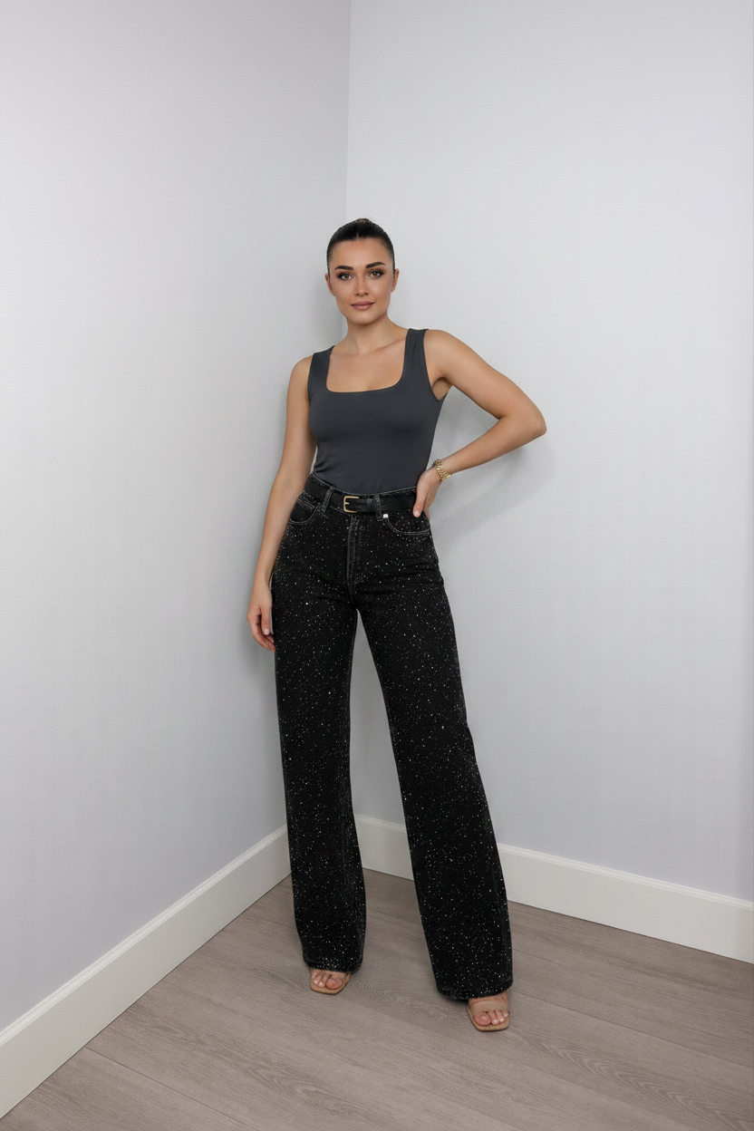 Dames High‑Waist Jeans met Glitter Details | Rechte Pijpen | Guba