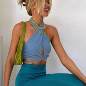 Dames Y2K Halter Crop Top | Open Rug & Cut-Out Top | Trendy Zomertop met Strikdetail | Guliati