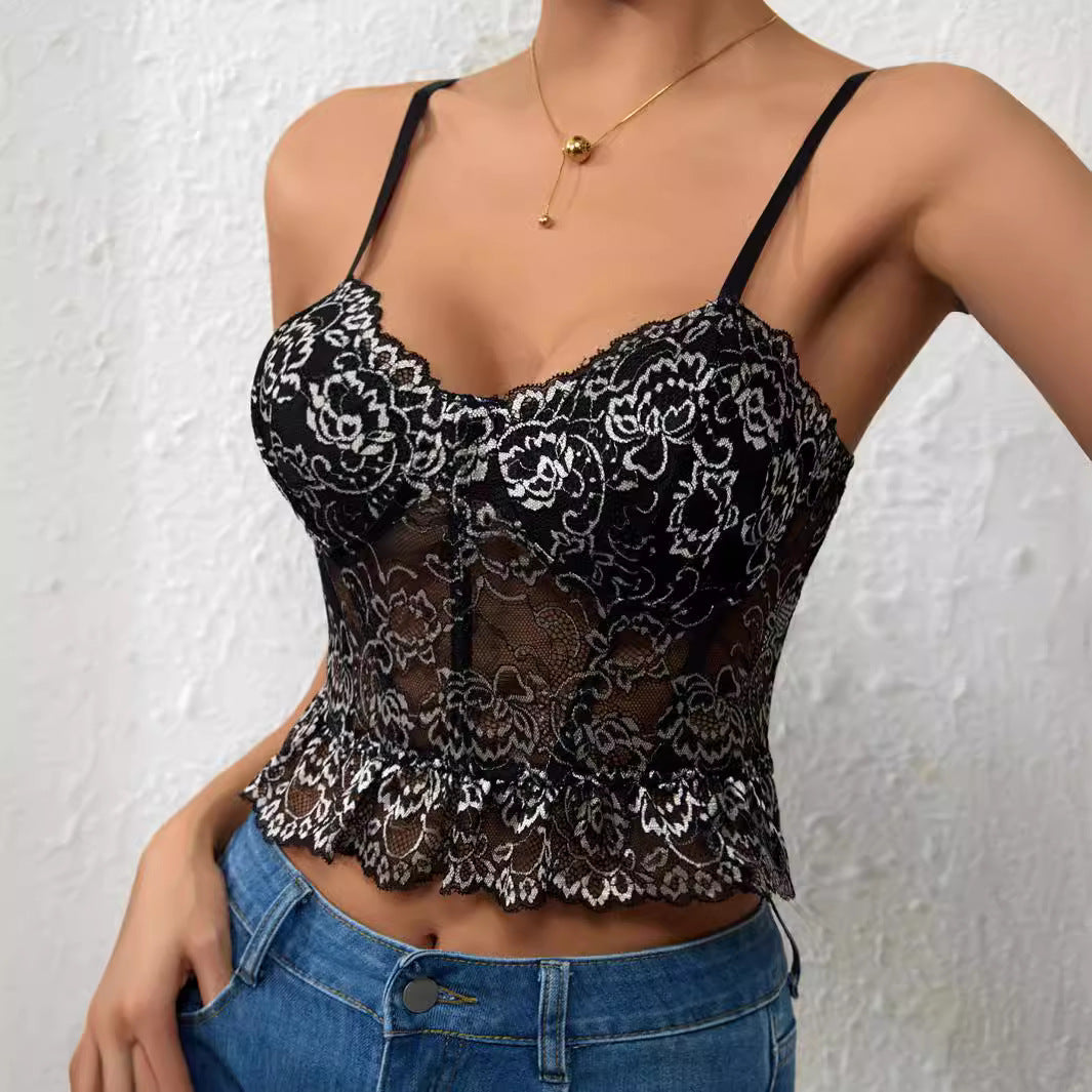 Dames Zwarte Kanten Bustier Top | Sexy Korset Crop Top Met Kant En Spaghettibandjes | Gustana