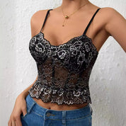 Dames Zwarte Kanten Bustier Top | Sexy Korset Crop Top Met Kant En Spaghettibandjes | Gustana
