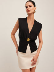 Dames Stijlvolle Gebreide Gilet met V-Hals en Luxe Knoop detail | Gwenn