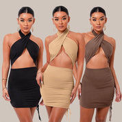 Dames Halter Jurk met Cross-Over Detail en Cut-Out Design | Fitted Festival Zomer Jurk | Gyana