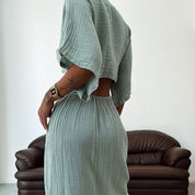 Dames Linnen Look Cut-Out Maxi Jurk | Elegante V-Hals Jurk Met Taille Detail En Striksluiting | Gynna