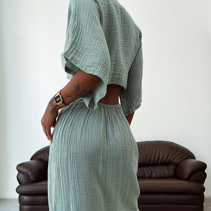 Dames Linnen Look Cut-Out Maxi Jurk | Elegante V-Hals Jurk Met Taille Detail En Striksluiting | Gynna