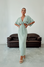 Dames Linnen Look Cut-Out Maxi Jurk | Elegante V-Hals Jurk Met Taille Detail En Striksluiting | Gynna