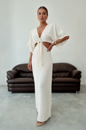 Dames Linnen Look Cut-Out Maxi Jurk | Elegante V-Hals Jurk Met Taille Detail En Striksluiting | Gynna