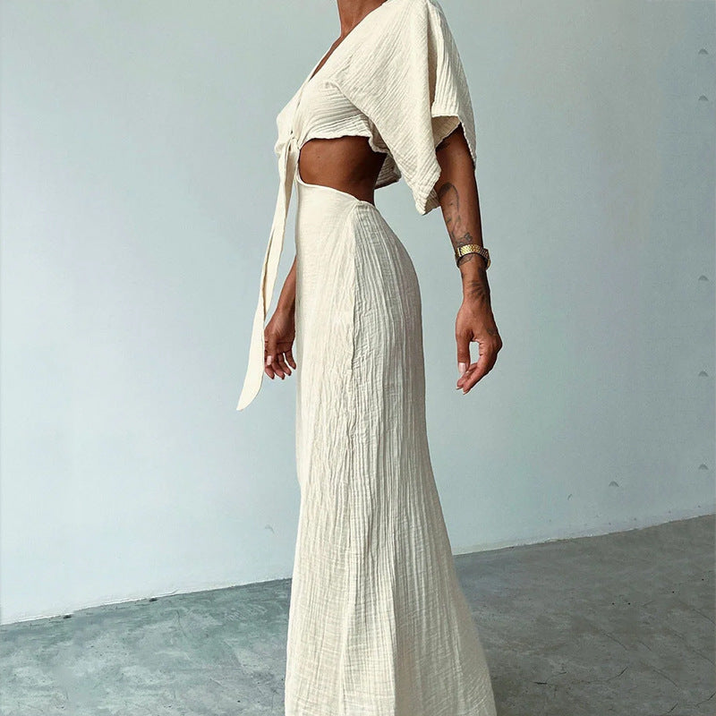 Dames Linnen Look Cut-Out Maxi Jurk | Elegante V-Hals Jurk Met Taille Detail En Striksluiting | Gynna