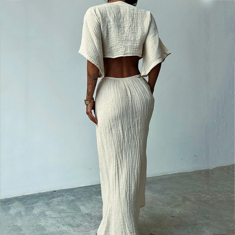 Dames Linnen Look Cut-Out Maxi Jurk | Elegante V-Hals Jurk Met Taille Detail En Striksluiting | Gynna