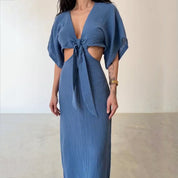 Dames Linnen Look Cut-Out Maxi Jurk | Elegante V-Hals Jurk Met Taille Detail En Striksluiting | Gynna