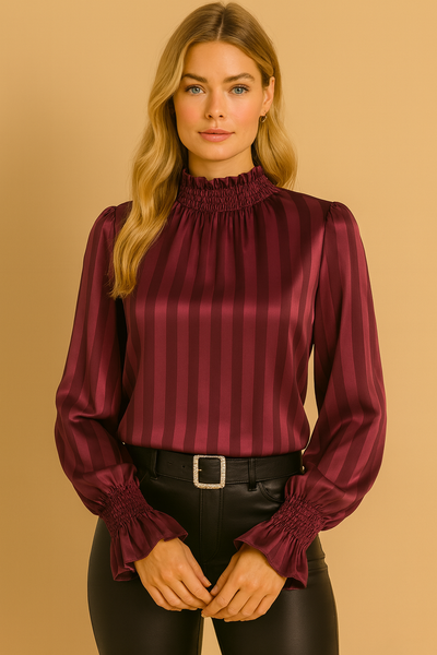 Dames Satijnen Blouse met Lange Mouwen en Stijlvolle Geplooide Details | Hailey