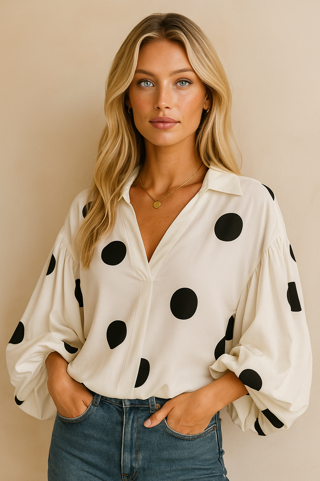 Dames Elegante Koreaanse Style Trendy Blouse met Ballon Mouwen en Grote Polka Dot Stippen Print | Hermalien