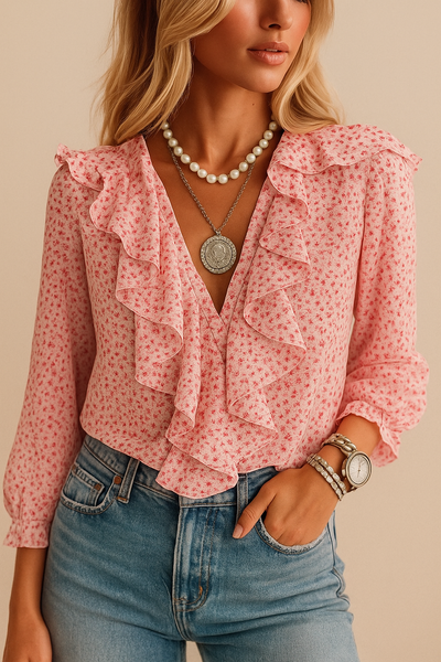 Dames Elegante Boho Chiffon Blouse met Bloemenprint en Ruches | Hind