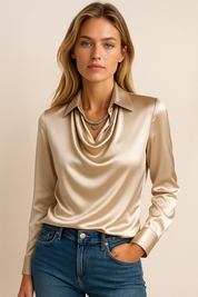 Dames Stijlvolle Trendy Satijnen Look Blouse met Waterval Hals | Hogan