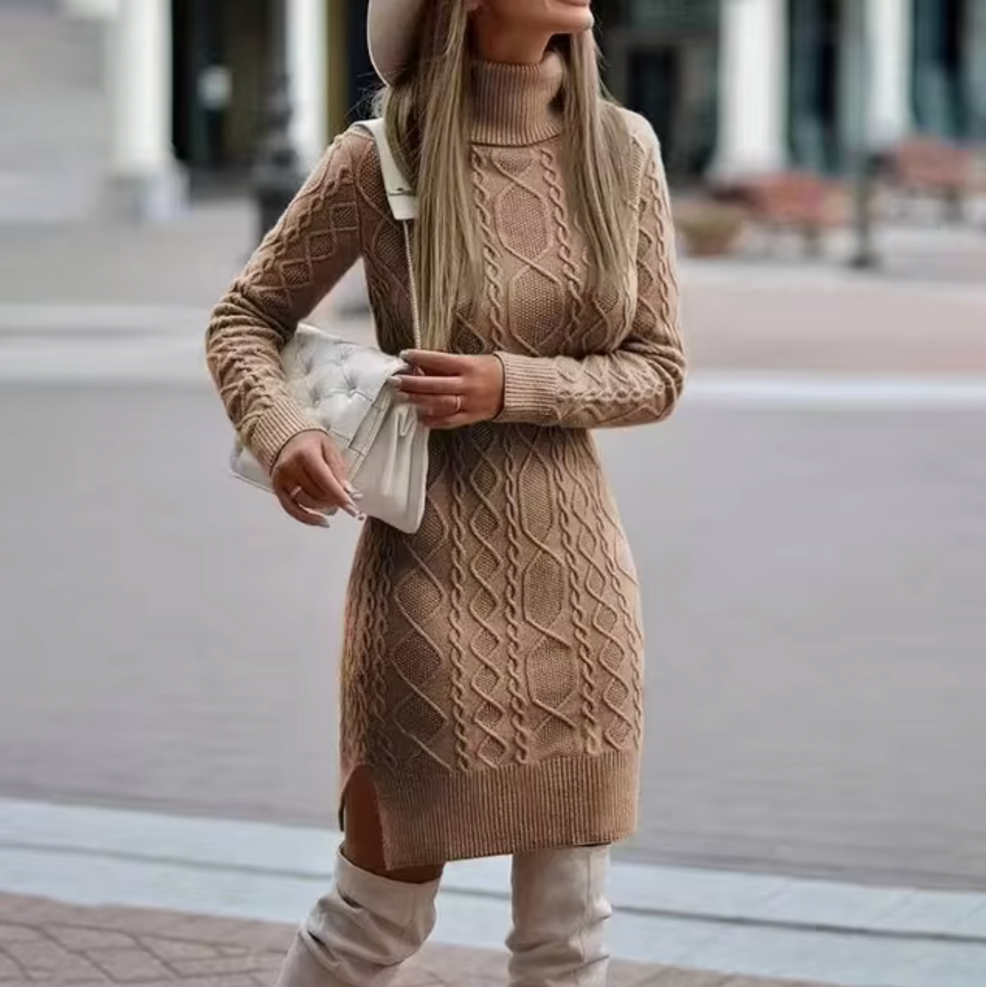 Dames Gebreide Midi Jurk met Col en Kabelpatroon | Nowie