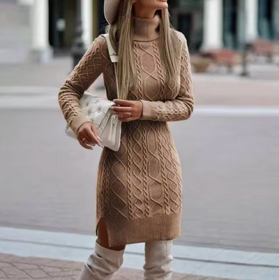 Dames Gebreide Midi Jurk met Col en Kabelpatroon | Nowie