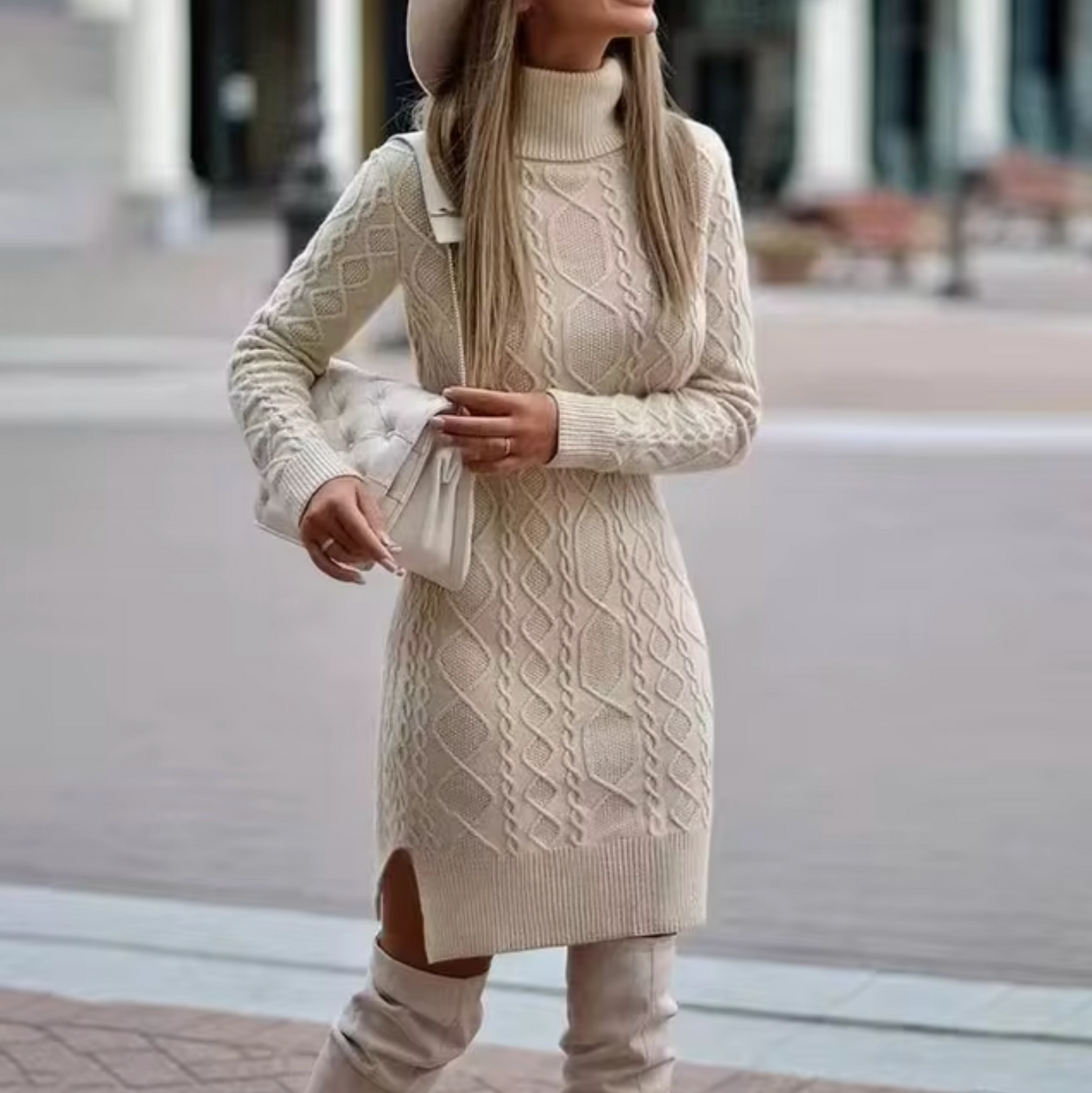 Dames Gebreide Midi Jurk met Col en Kabelpatroon | Nowie