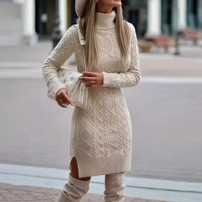 Dames Gebreide Midi Jurk met Col en Kabelpatroon | Nowie