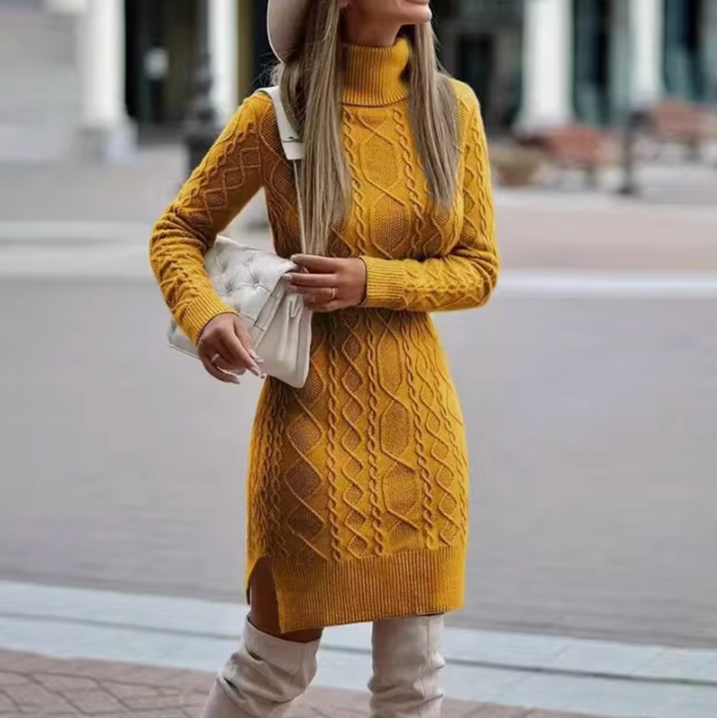 Dames Gebreide Midi Jurk met Col en Kabelpatroon | Nowie