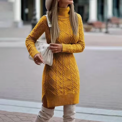 Dames Gebreide Midi Jurk met Col en Kabelpatroon | Nowie