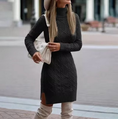 Dames Gebreide Midi Jurk met Col en Kabelpatroon | Nowie
