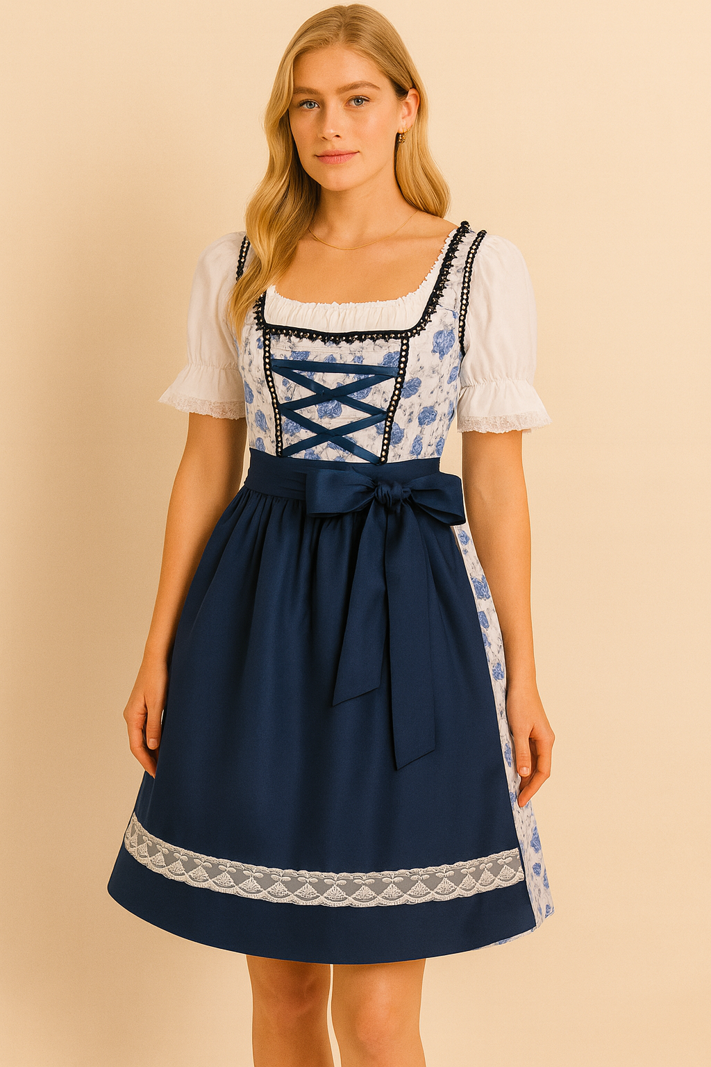 Dames Oktoberfest Jurk Dirndl met Bloemenprint en Satijnen Schort | Nadeche