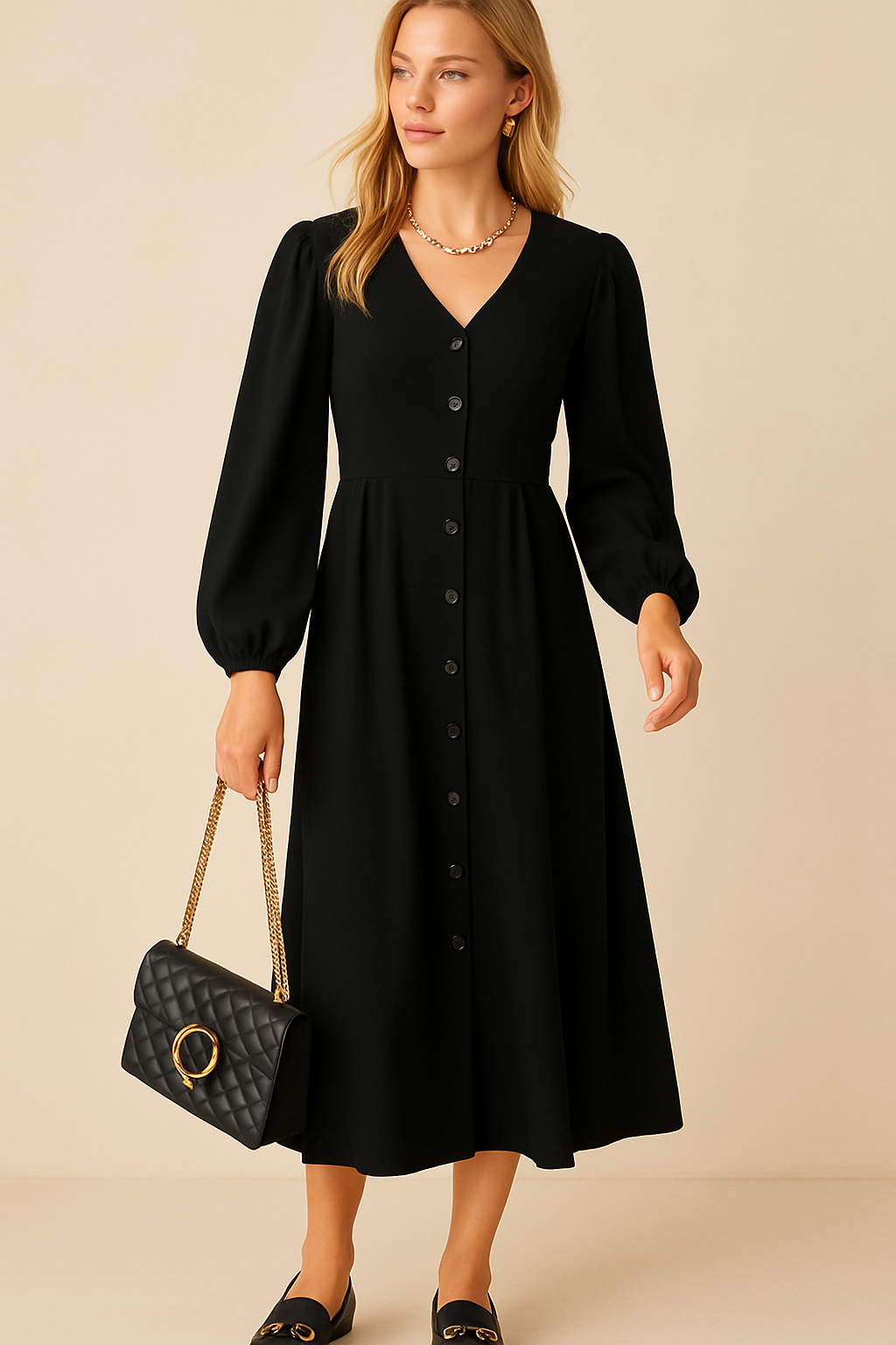 Dames Maxi Jurk met Knoopsluiting en Lange Mouwen | Nala