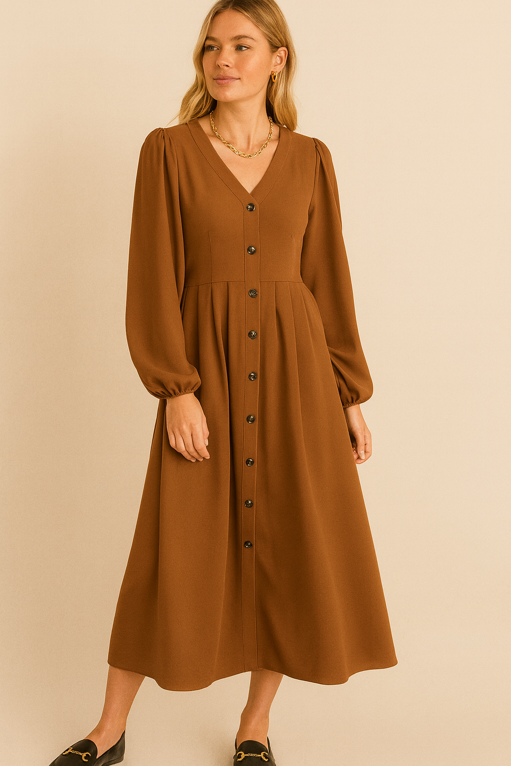 Dames Maxi Jurk met Knoopsluiting en Lange Mouwen | Nala