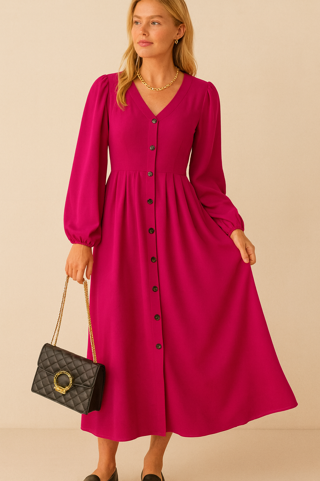 Dames Maxi Jurk met Knoopsluiting en Lange Mouwen | Nala