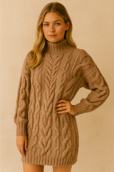 Dames Trendy Elegante Modieuze Gebreide Kabel Jurk met Col | Narina