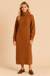 Dames Gebreide Midi jurk met col en lange mouwen | Nova