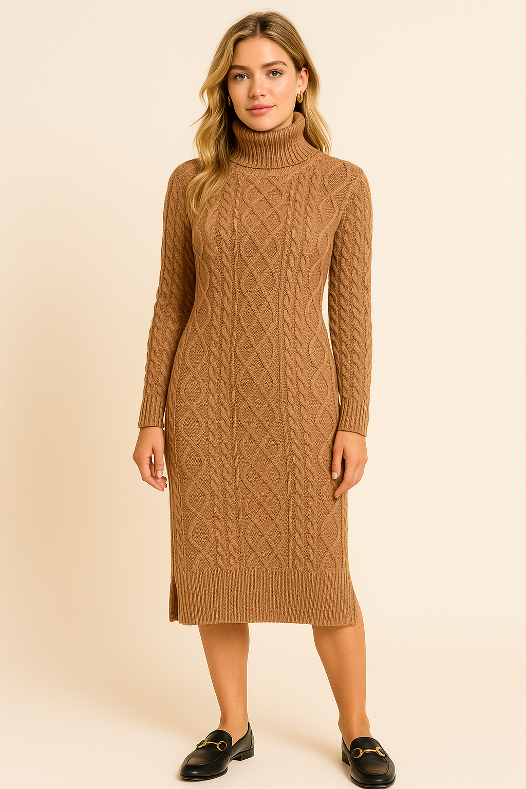 Dames Gebreide Midi Jurk met Col en Kabelpatroon | Nowie