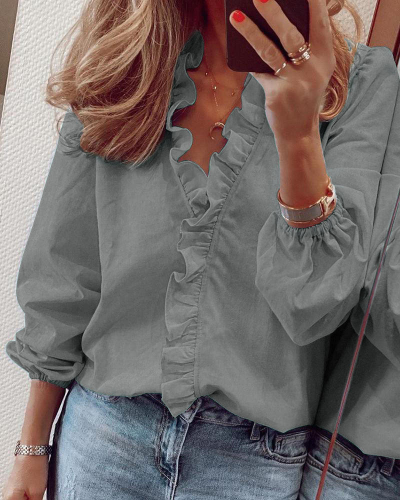 Dames Effen Geweven Blouse met Ruches | Hannah