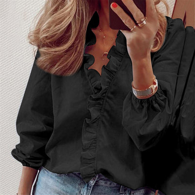 Dames Effen Geweven Blouse met Ruches | Hannah