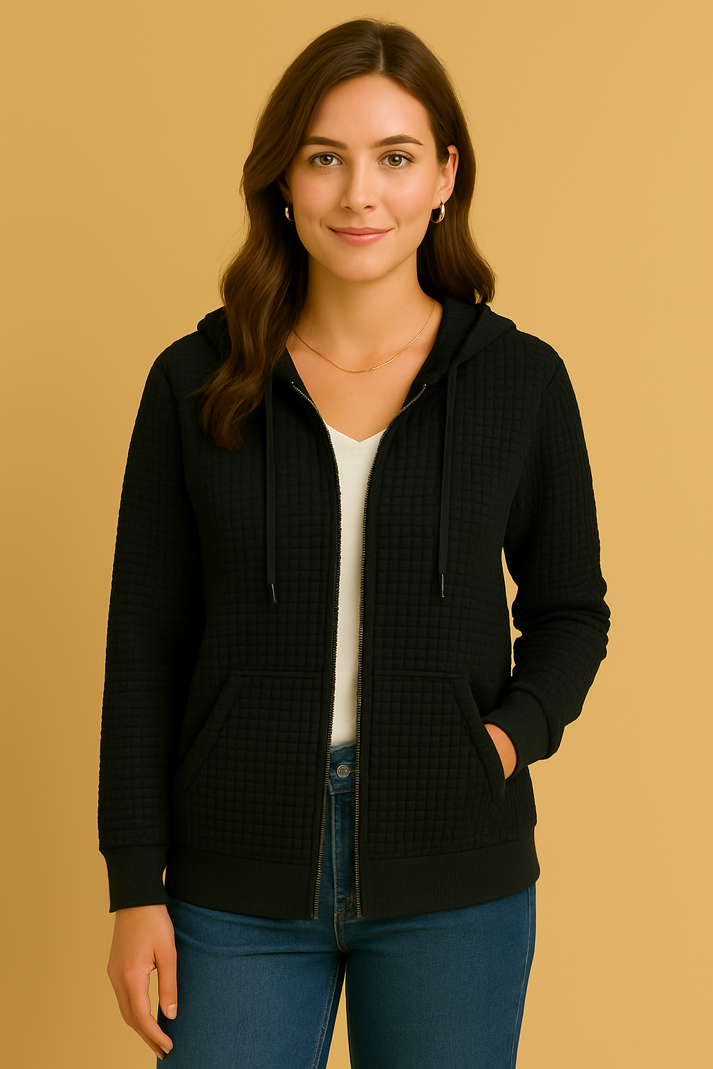 Dames Vest met Capuchon en Structuur Stof | Rachella