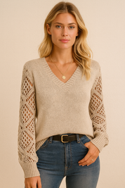 Dames Trendy Stijlvolle V-hals Trui met Gehaakte Mouwen | Rackeena