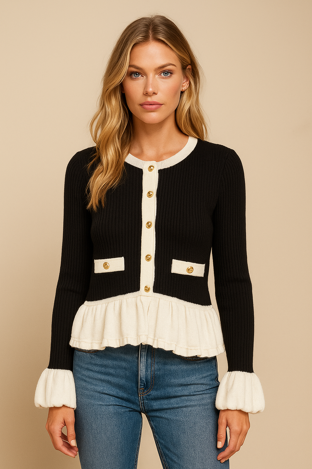 Dames Elegante Luxe Parijs Look Gebreid Vest met Volant Details en knopen | Racky