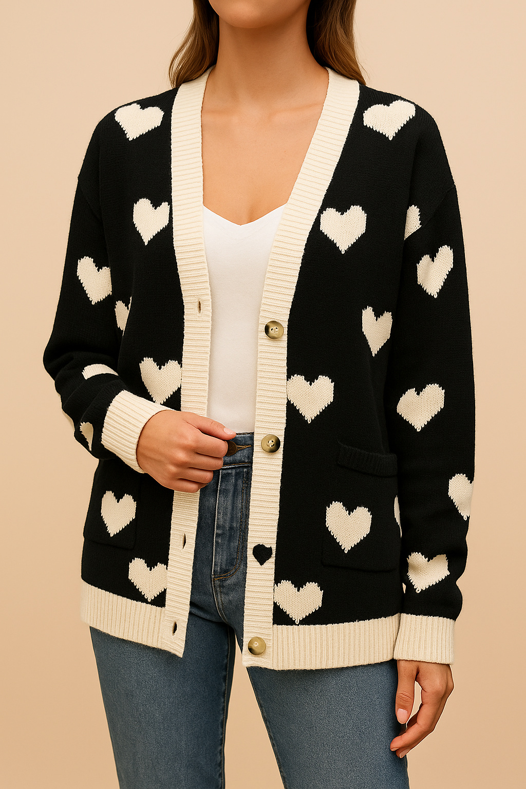 Dames Elegante Trendy Gebreide Vest met Hartjes en Contrast Detail | Raletta